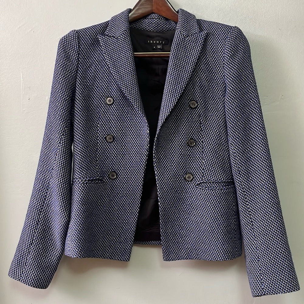 Theory Blue Tweed Wool Blend Double Breasted Blazer size 8